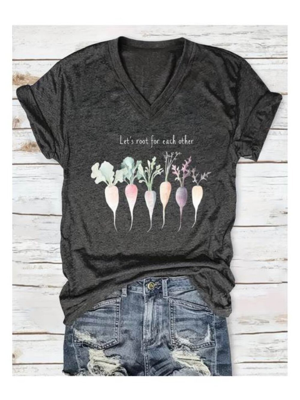 Gray V-Neck Veggie Graphic Tee - "Let's Root For Each Other" NWOT